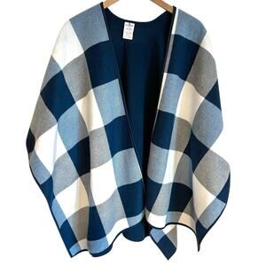 Woolrich Stadium Blanket Wrap Cape Blue Plaid Warm Cozy Soft Reversible Fleece